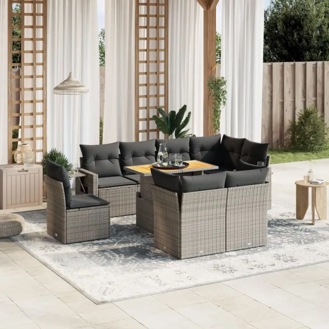vidaXL 9-delige Loungeset met kussens poly rattan grijs, foto 2