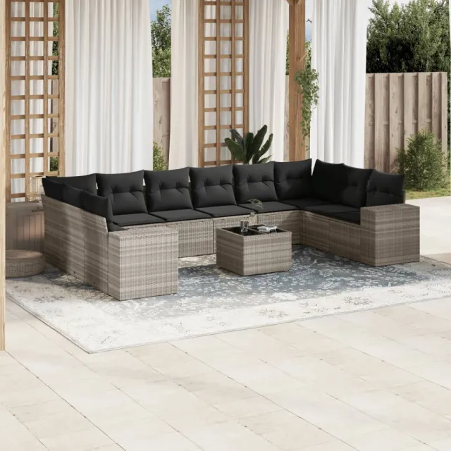 vidaXL 11-delige Loungeset met kussens poly rattan lichtgrijs