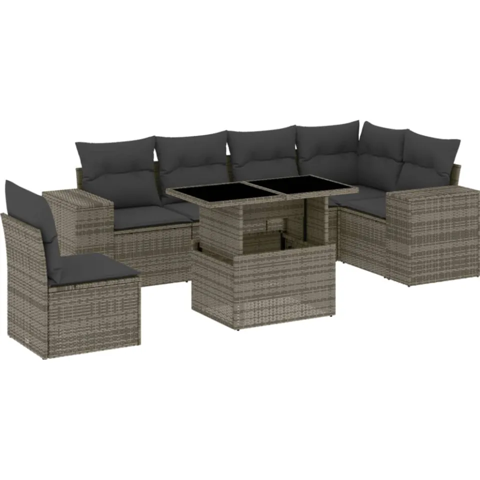 vidaXL 7-delige Loungeset met kussens poly rattan grijs