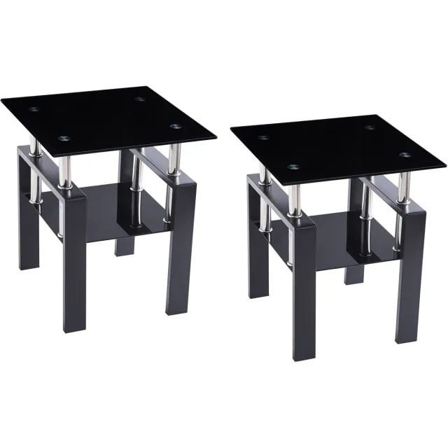 FloraGrace Bijzettafel Set Van 2 - Gehard Glas En Metalen Frame - Modern Voor Woonkamer, Slaapkamer En Kantoor - Zwart - Vierkant