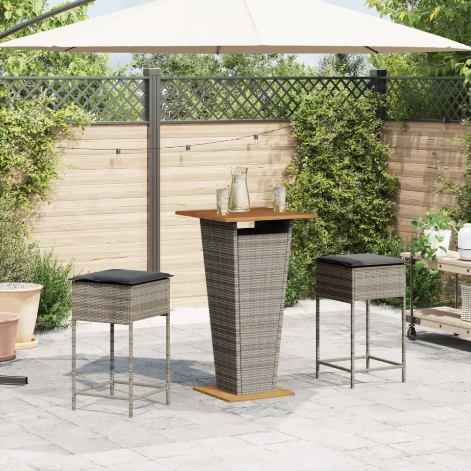 vidaXL 3-delige Tuinbarset met kussens poly rattan grijs, foto 2