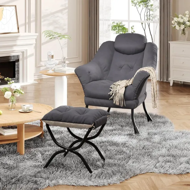 Danky Lui stoel met voetenbank, moderne gestoffeerde accentfauteuil met zijvak, comfortabele leesstoel voor de woonkamer en kleine ruimtes, grijs