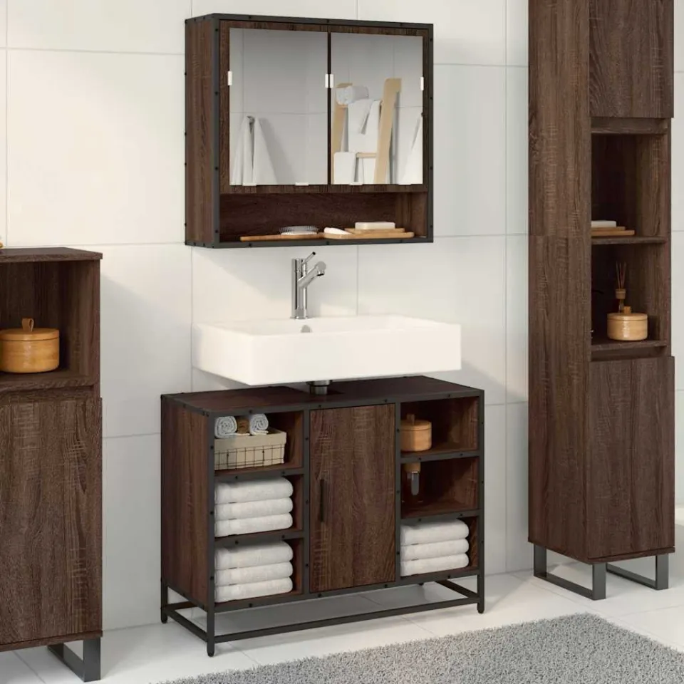 vidaXL Wastafelkast 80x33x60 cm bewerkt hout bruin eikenkleurig, foto 4