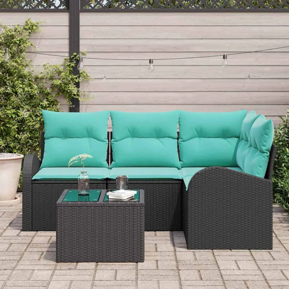 vidaXL Tuinbankenset 5 st Zwart en Turquoise poly rattan, foto 3