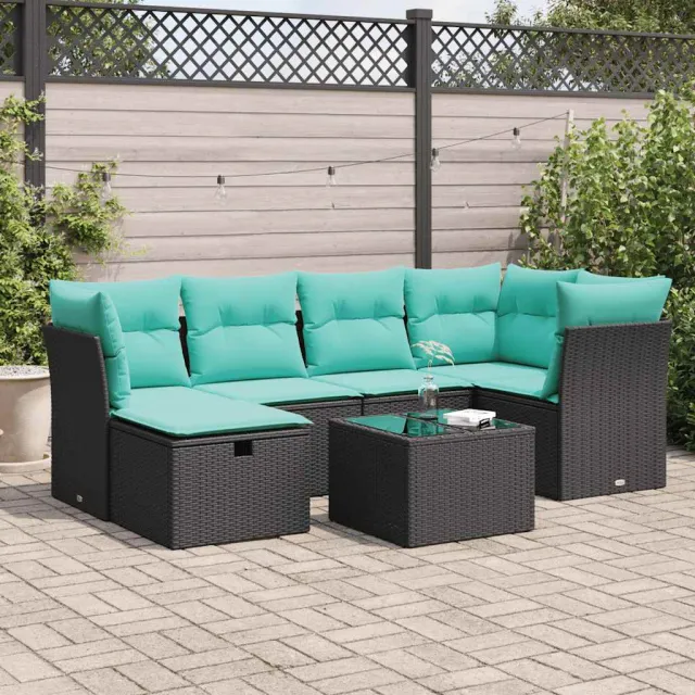 vidaXL 7-delige Loungeset met kussens poly rattan zwart, foto 2
