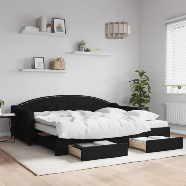 vidaXL Slaapbank met onderschuifbed en lades 90x200 cm stof zwart