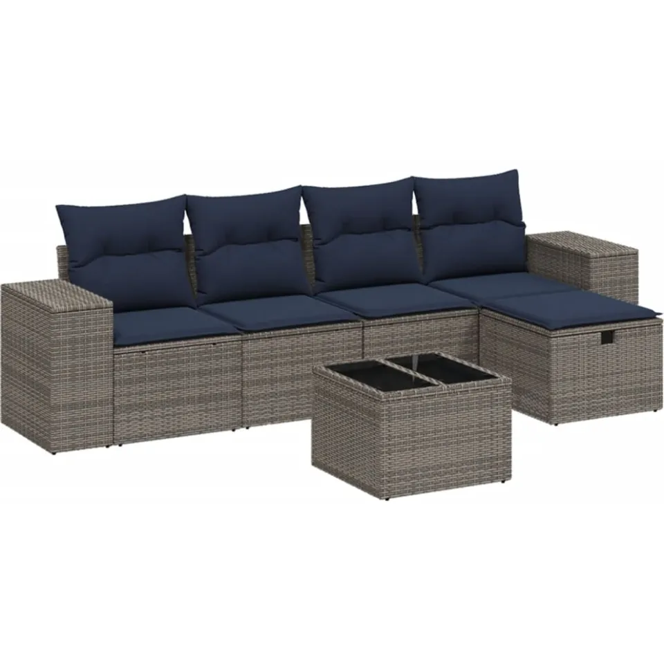 vidaXL 6-delige Loungeset met kussens poly rattan grijs