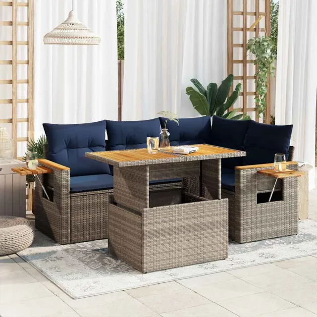 vidaXL 5-delige Loungeset met kussens poly rattan acacia grijs