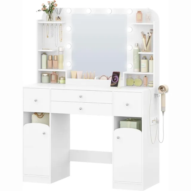HILINSIE Kaptafel met ledverlichting, stopcontact en föhnhouder; groot tafelblad van 108 cm; voorzien van 2 grote lades met sieradeninzet en 2 kastjes; 40 x 108 x 144 cm, wit