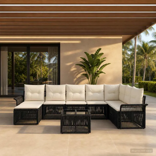 vidaXL Tuinbankenset 9 st 8-zits Zwart poly rattan, foto 2
