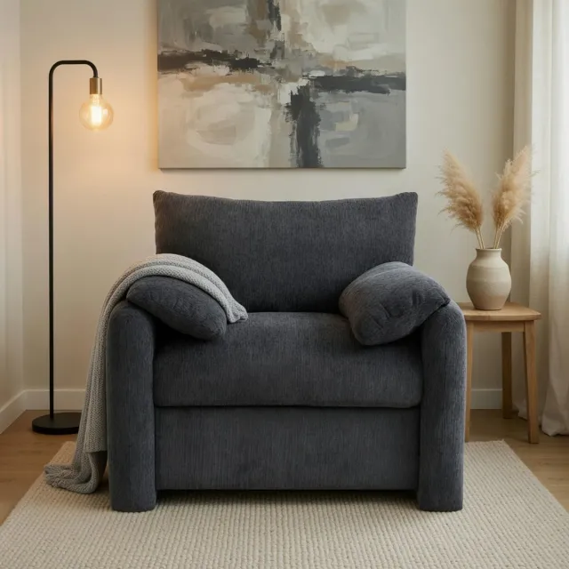 KOMHTOM Moderne extra grote fauteuil in chenille-stof - decoratieve stoel en eenpersoonsbank - vrijetijdsstoel geschikt voor woonkamer en slaapkamer Grijs