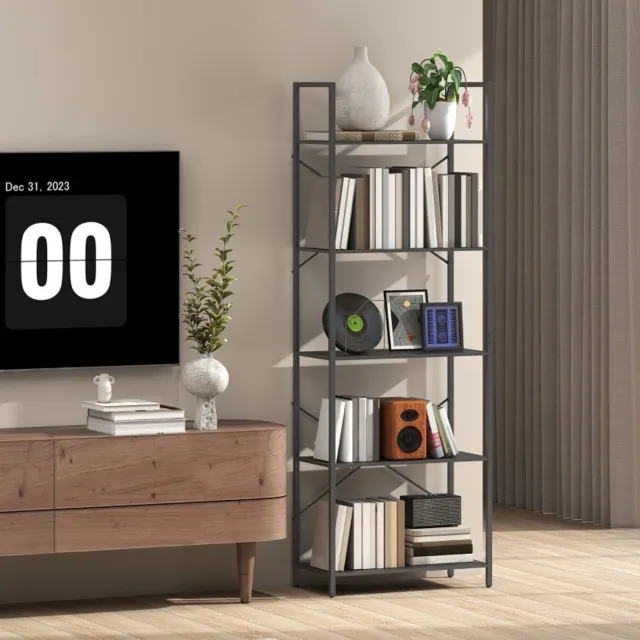 FloraGrace Boekenkast 5 Planken – Open Industrieel Design – 60 x 30 x 170,5 cm – Metaal – Zwart – Voor Woonkamer, Kantoor En Werkkamer