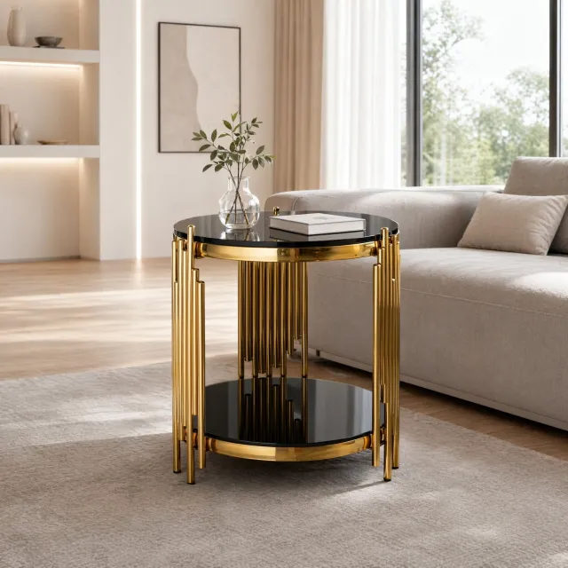 CHICFURN Bijzettafel - dubbel gelaagd - rond - zwart goud Zwart en goud
