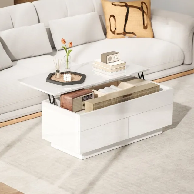 MIVRAY Salontafel - Hoogteverstelbare Hoogglans Salontafel Met Verborgen Opbergruimte En 2 Lades - Modern Voor Woonkamer - Wit - 102 X 48 X 40 Cm Glanswit
