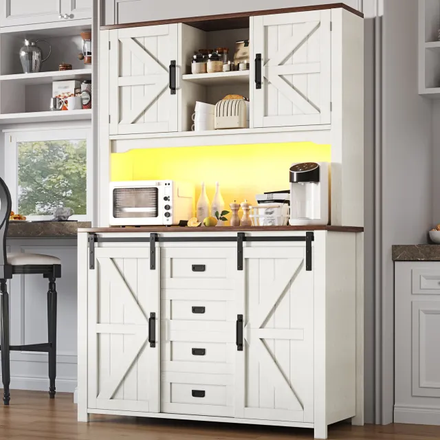 Maisentiel Hoge keukenkast met schuifdeuren, lades en LED-verlichting - wit - 115 cm