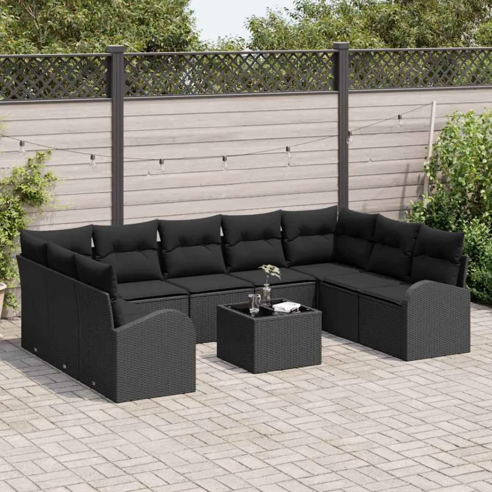 vidaXL Bankstel 10 st 9-zits Zwart poly rattan, foto 3