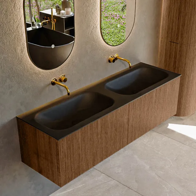 Mondiaz KURVE 150 cm Onderkast Greeploos 2 Lades Zonder Deuren Walnut, Wastafel Solid Surface Dubbel Urban 0 Kraangaten Zonder Spiegel (KRVBGS1502L0D0KD-Wal/Urb)