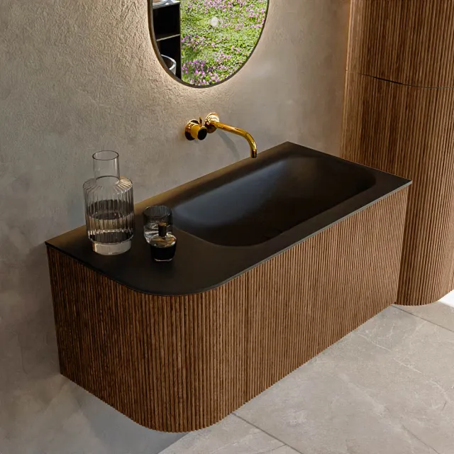 Mondiaz KURVE 95 cm Onderkast Greeploos 1 Lade Met Deuren Walnut, Wastafel Solid Surface Rechts Urban 0 Kraangaten Zonder Spiegel (KRVBGS95L1L1D0KR-Wal/Urb)