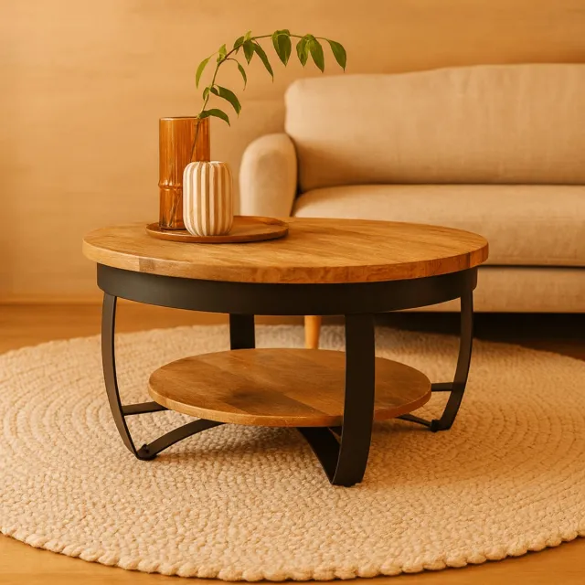 Industrieel In Huis Salontafel Rond Mangohout 65 cm - Salontafel Rond - Industrieel Salontafel - Woonkamer Tafel - Salontafels Industrieel - Salontafel Landelijk - Salontafel Hout Metaal - Bijzettafel Rond - Coffee Table - Koffietafel - Ø 65 cm Bruin, Zwart