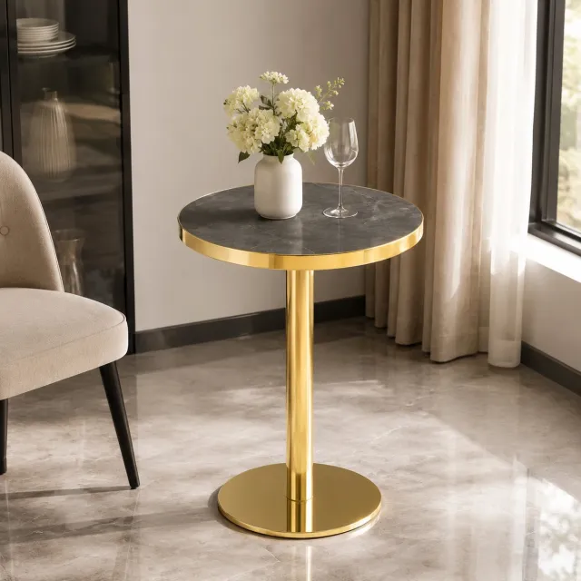 HAUSS SPOLE Bijzettafel - Ronde Marmerlook Tafel Met UV Tafelblad - Modern Voor Woonkamer En Slaapkamer - MDF En RVS - 60x60x73,5 Cm - Grijs Goud