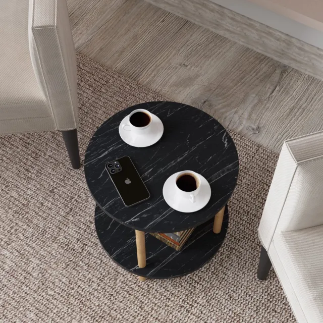 en.casa Bijzettafel Ves rond Ø42x49 cm marmerlook zwart en houtkleurig [en.casa]