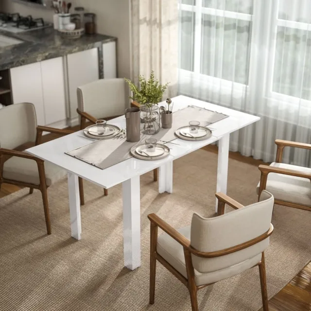 MEUNIQ Uitschuifbare eettafel 120-160 x 80 x 78 cm rechthoekige keukentafel voor 4-6 personen met vlindermechanisme en hoogglans wit tafelblad