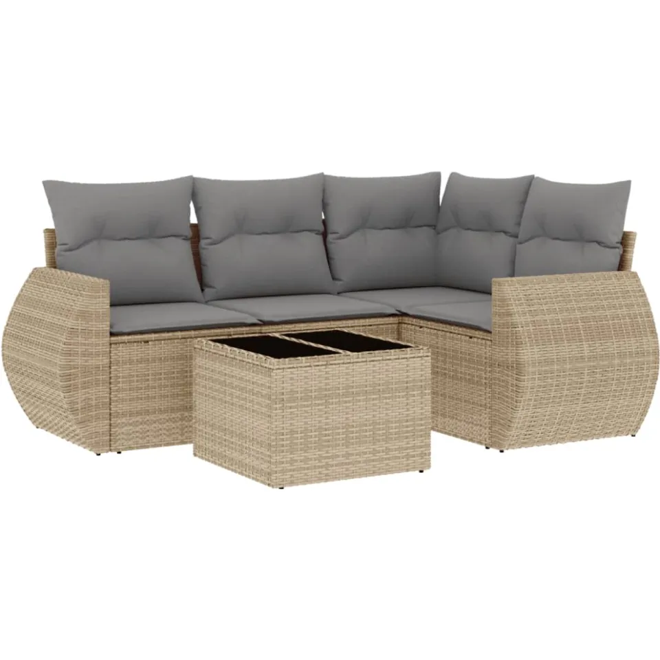 vidaXL 5-delige Loungeset met kussens poly rattan beige