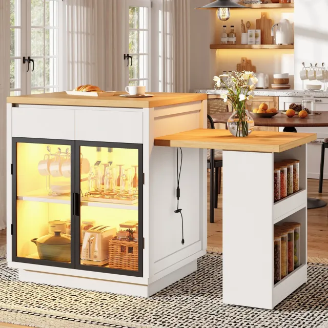 DESMIU Keukeneiland - Uitschuifbaar met Twee Lades en Glazen Deur - voor Keuken en Eetkamer - MDF - Wit - 122-194,5 x 70 x 94 cm