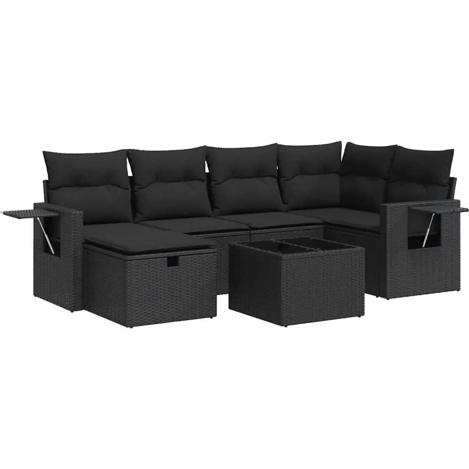 vidaXL 7-delige Loungeset met kussens poly rattan zwart, foto 3