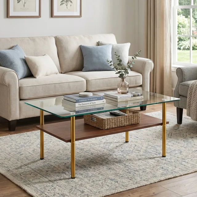 FloraGrace Salontafel Met Glazen Blad En MDF Opbergplank - Luxe Modern Design Voor Woonkamer En Ontvangstruimte - Metaal Houtlook - 98x58x45 Cm - Bruin Goud Brown+Gold