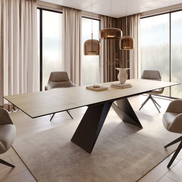 DELIFE Eetkamertafel Edge keramiek Laminam® Sabbia eiken kleur 200-300x100 V-frame vlak staal zwart uitschuifbaar Eichefarbig