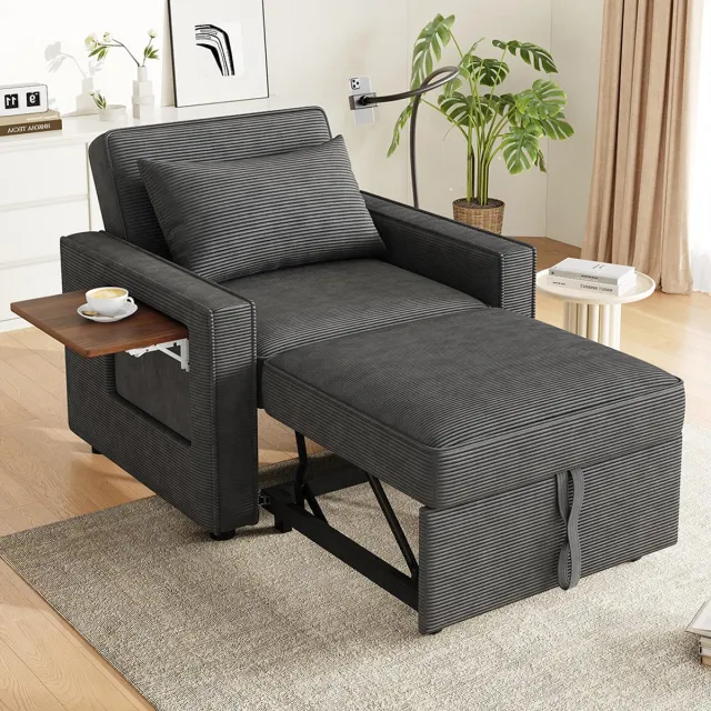 KOMHTOM BLACKCOLORS Multifunctionele opklapbare slaapbank met USB-oplaadpoort en houder voor mobiele telefoon, relaxfauteuil voor 1 persoon om te vormen tot slaapbank, neemt weinig ruimte in beslag in de woonkamer en slaapkamer, corduroy stof, grijs