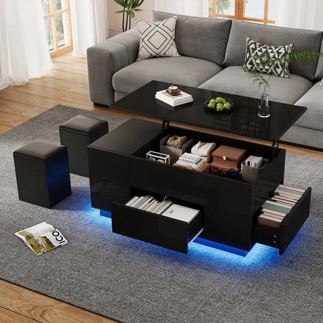 KOMHTOM BLACKCOLORS 100*50*45 cm 4-in-1 salontafel In hoogte verstelbare salontafel met LED, salontafel met 2 lades, glanzende tafel met bank en 2 krukken, bijzettafel met verborgen opbergruimte, draagvermogen tot 50 kg, zwart