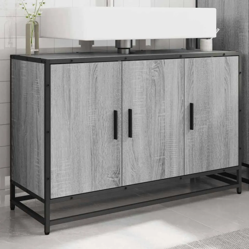 vidaXL Wastafelkast 90x33x60 cm bewerkt hout grijs sonoma eikenkleurig, foto 3