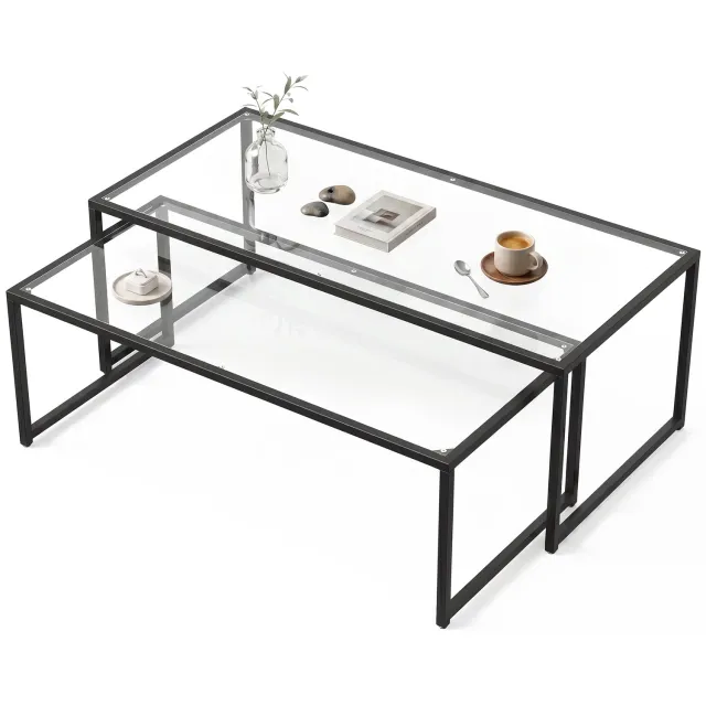 Lunpog Salontafelset 2-delig Bijzettafel, Koffietafel, Set van tafels, Glazen tafel, Slaapkamertafel, Staal, rechthoek, Zwart