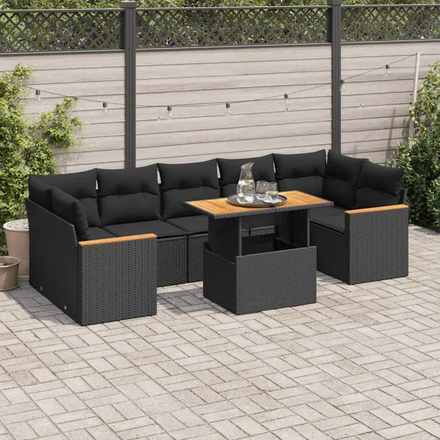 vidaXL 8-delige Loungeset met kussens poly rattan acacia zwart, foto 2