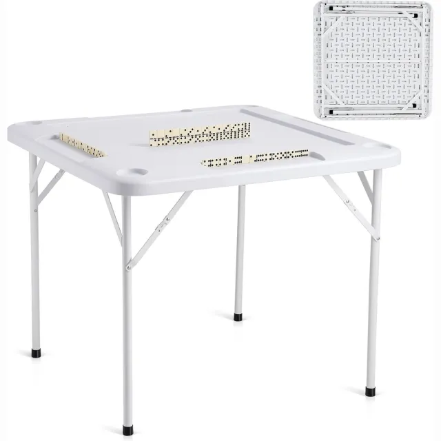 Vevor Mahjongtafel, Dominotafel, Opvouwbare Kaarttafel voor 4 Spelers Met 4 Bekerhouders en 4 Chipvakken, Draagbare Domino-Speeltafel Met 1 Set Dominostenen voor Mahjong Poker-Puzzels wit