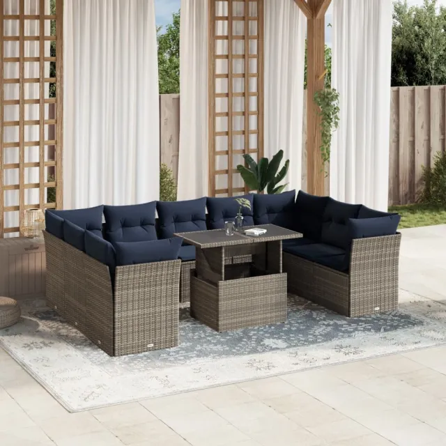 vidaXL 10-delige tuinbankset met kussens, grijs polyrotan, foto 2