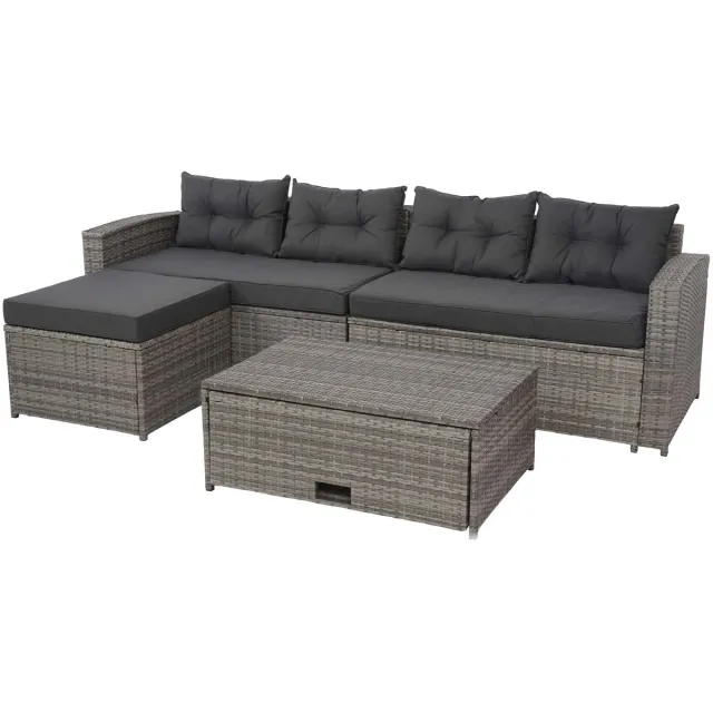 Poly-rattan set MCW-J34, balkon/tuin/lounge set Bank, opbergvak ~ grijs, donkergrijze kussens