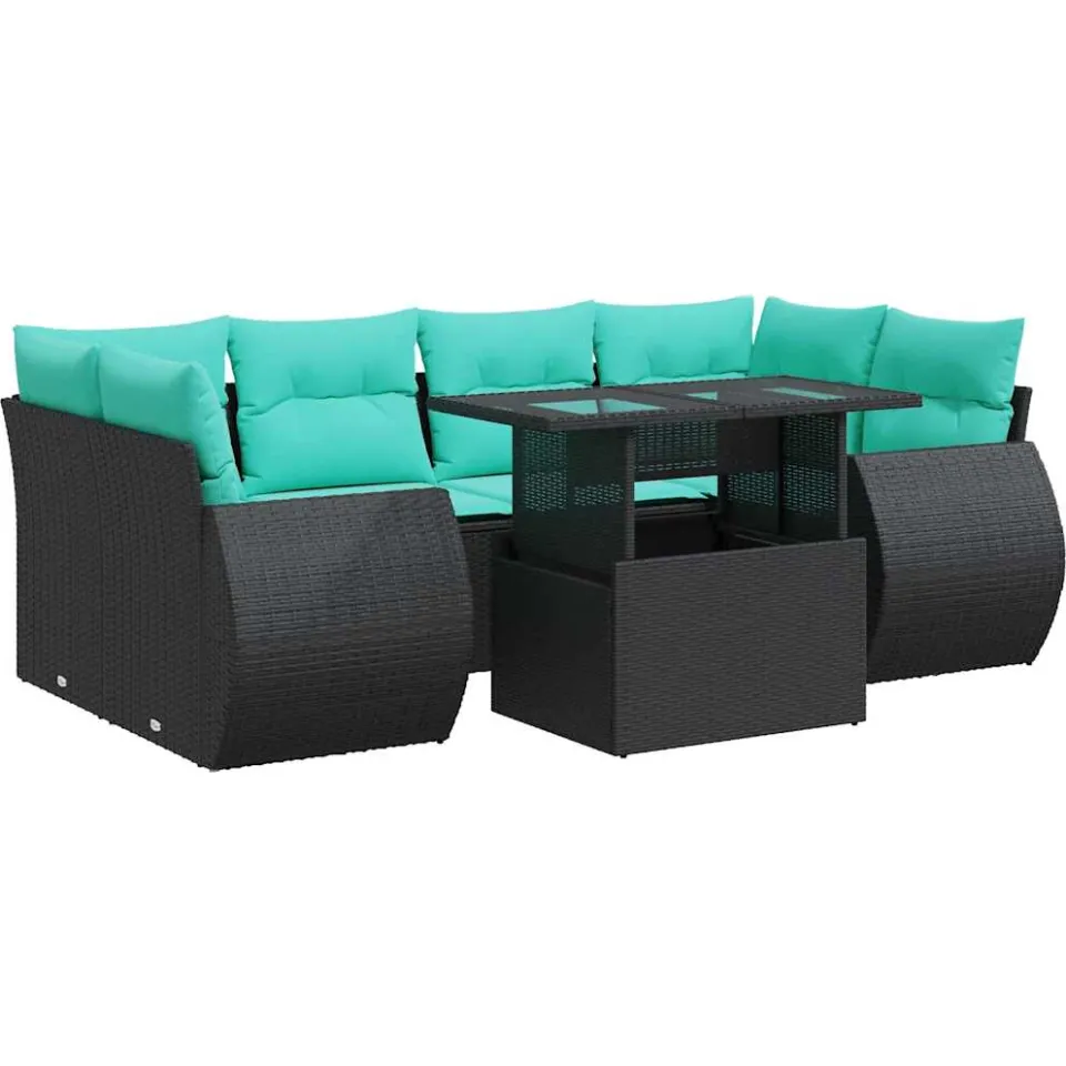 vidaXL 7-delige Loungeset met kussens poly rattan acacia zwart, foto 3
