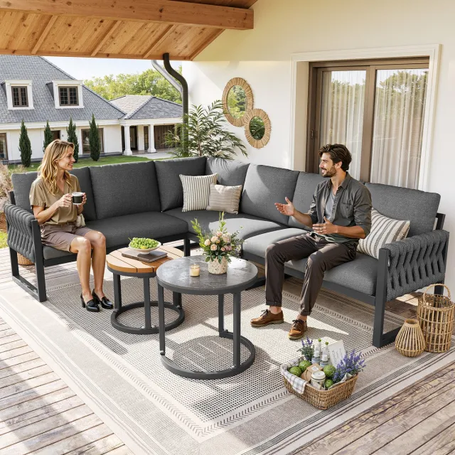 Clruro Loungeset - 5-6 Personen - Modulaire Set met Verstelbare Poten - Waterafstotende Kussens - Grijs