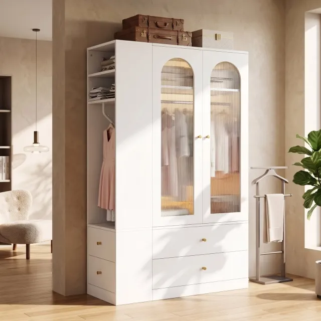 Merax Kledingkast 120×50×200 cm - 4 lades - 2 glazen deuren - 2 hangstangen - wit