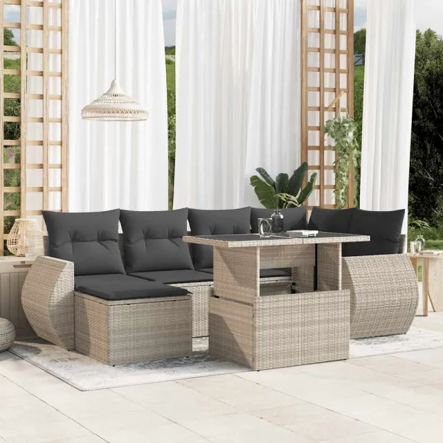 vidaXL 7-delige Loungeset met kussens poly rattan lichtgrijs grijs, foto 2