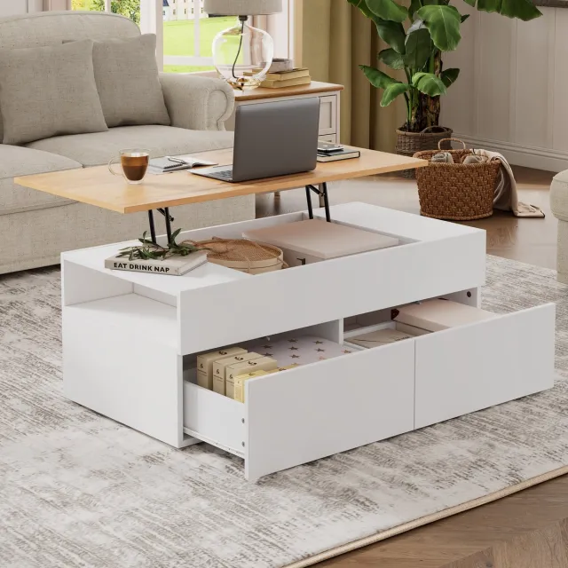 FLIEKS 100x50x40 cm verstelbare koffietafel met opbergruimte - woonkamer salontafel met 2 lades - halfopen bijzettafel - wit houtnerf