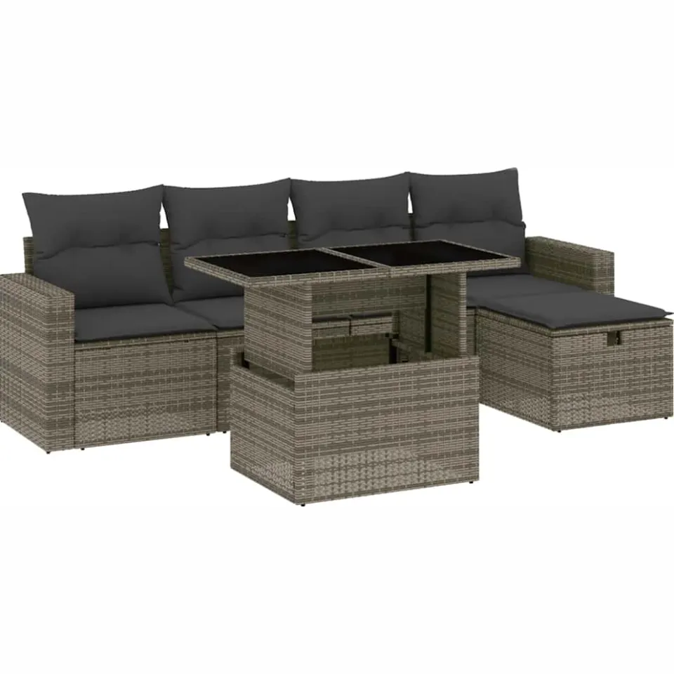 vidaXL 6-delige Loungeset met kussens poly rattan grijs, foto 3