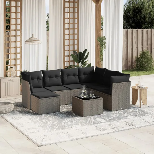 vidaXL 8-delige Loungeset met kussens poly rattan lichtgrijs grijs, foto 2