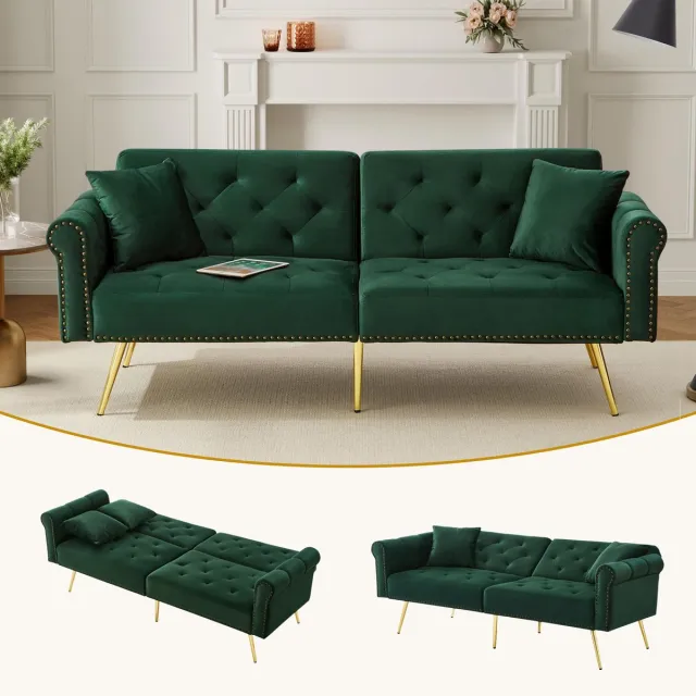 Zubaliya 2-zits slaapsofa met onafhankelijk verstelbare rugleuningen - voor kleine ruimtes - 2 personen - diverse kleuren - fluwelen bekleding - gouden metalen poten - incl. 2 kussens Antique Groente
