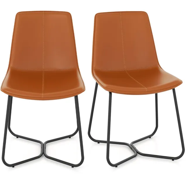 Costway Eetkamerstoelen Set van 2, keukenstoelen bekleed met kunstleer met metalen poten, accentstoelen zonder armleuningen, belastbaar tot 150 kg, gestoffeerde stoelen voor eetkamer, woonkamer, bruin