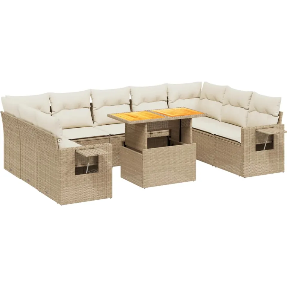 vidaXL 10-delige Loungeset met kussens poly rattan beige, foto 3