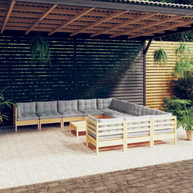 vidaXL 12-delige Loungeset met grijze kussens massief grenenhout Grijs